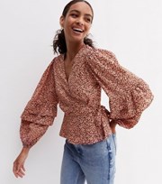 New Look Pink Ditsy Floral Crepe Long Frill Puff Sleeve Wrap Top